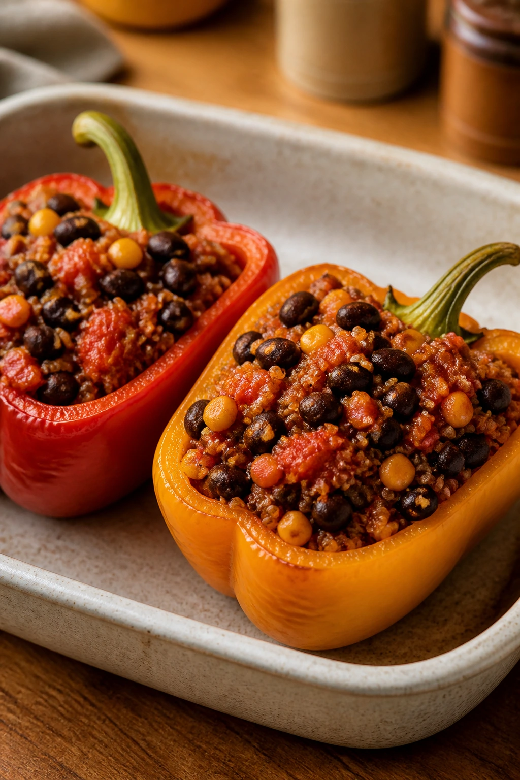 Close-up of colorful stuffed peppers filled with quinoa and black beans
