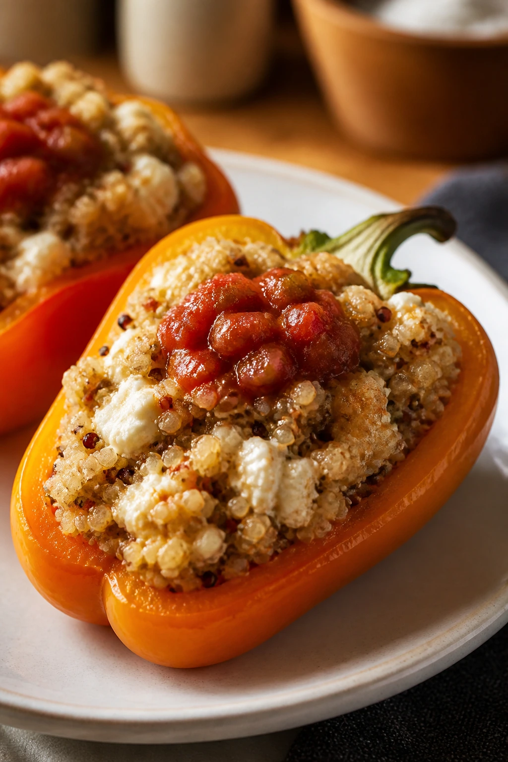 Halved stuffed bell pepper with quinoa and cottage cheese filling on a plate