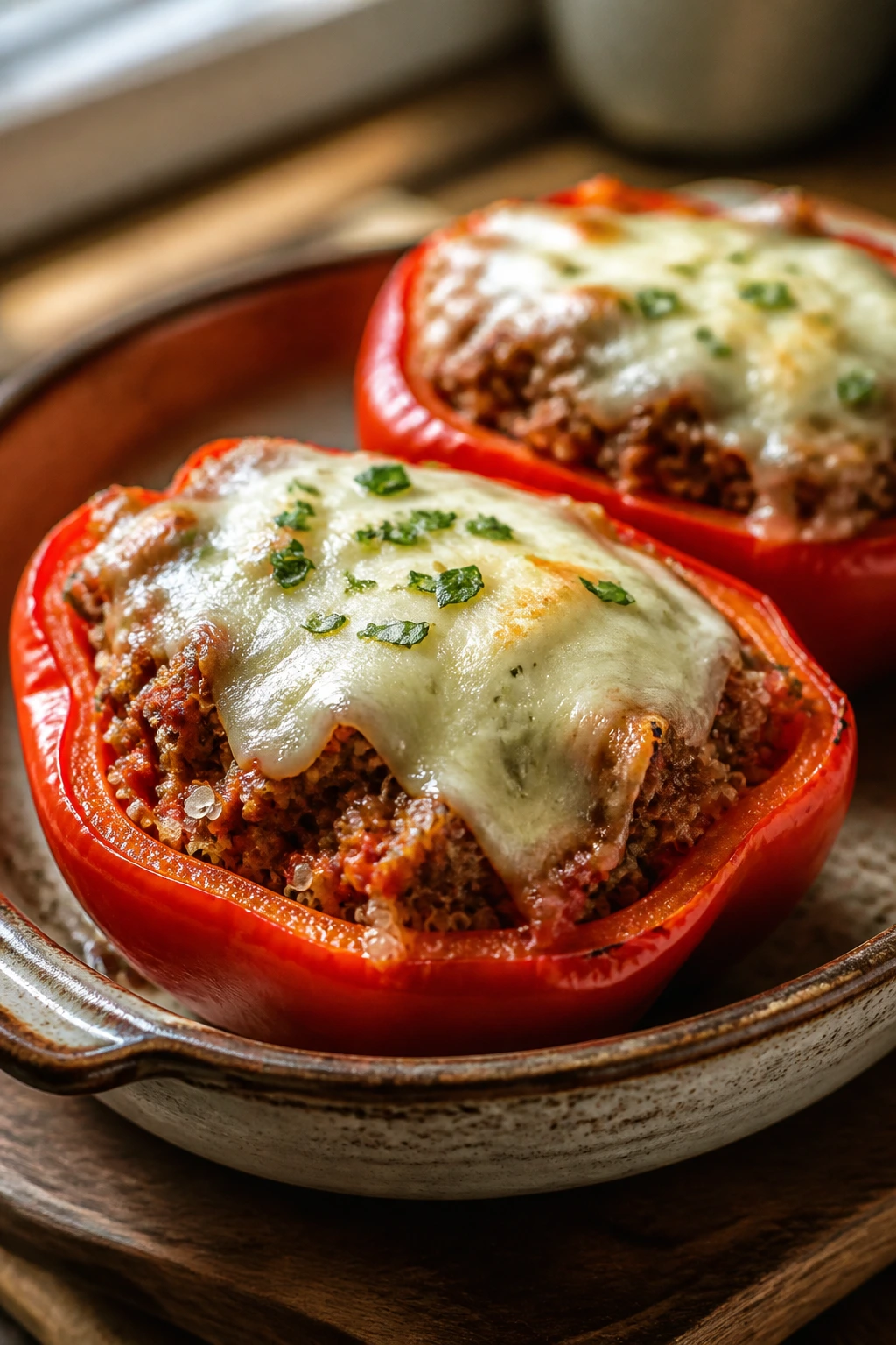 Close-up of stuffed red bell peppers with quinoa and turkey on a rustic dish