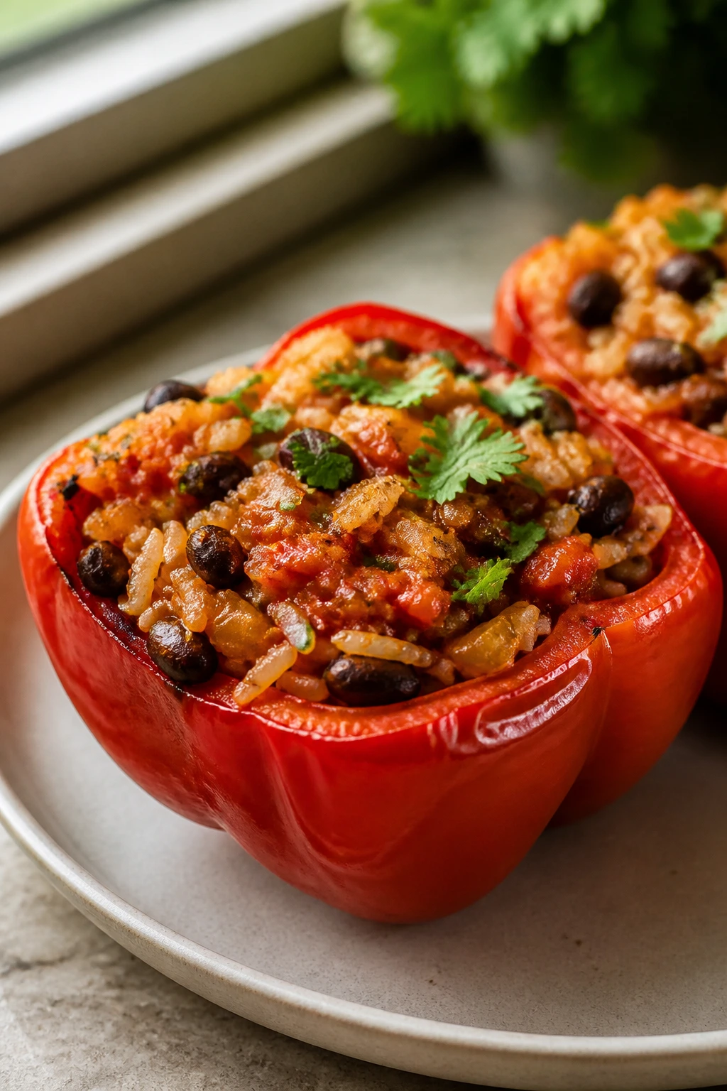 Stuffed bell pepper half filled with rice and beans on a plate
