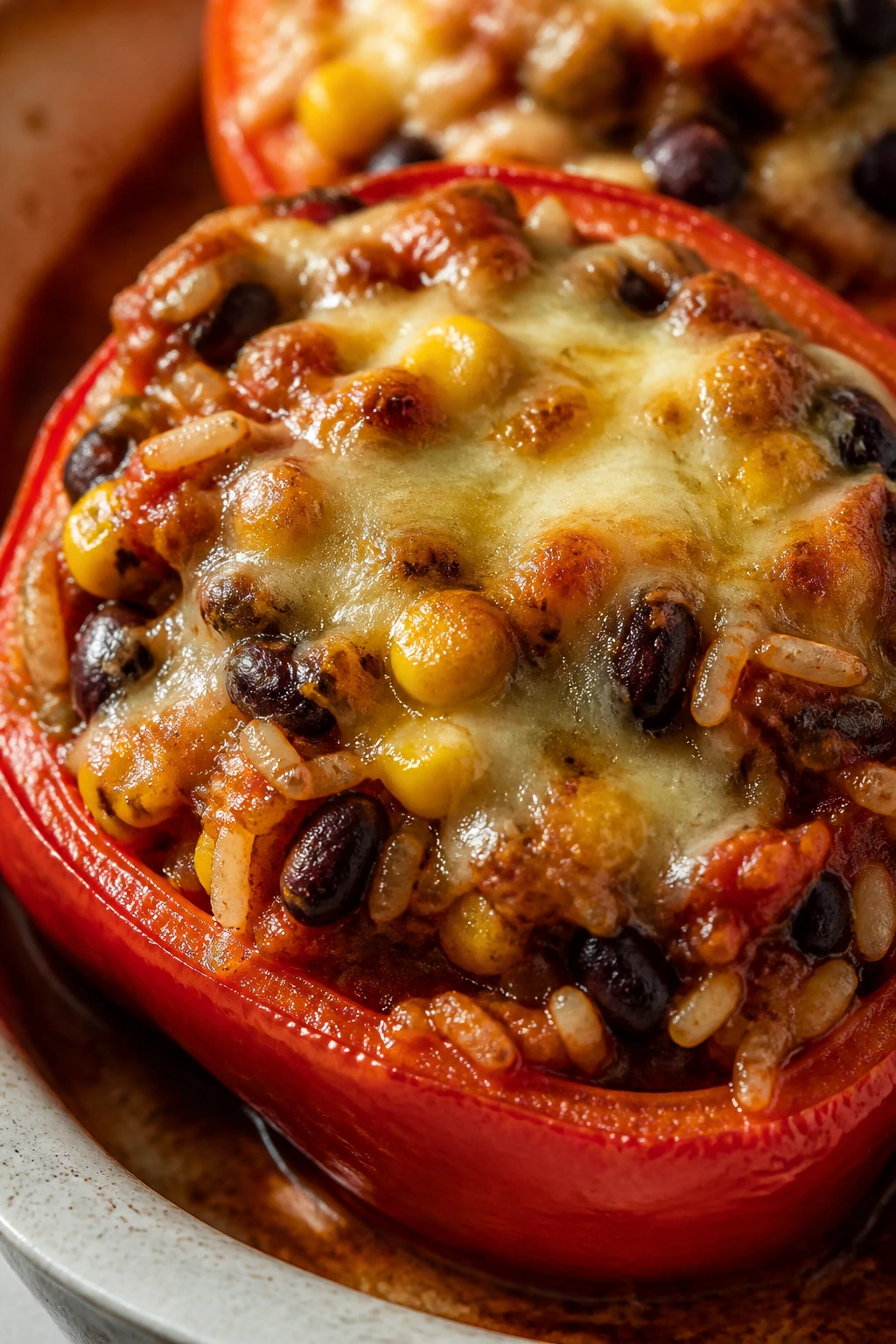 Close-up of a stuffed red bell pepper half with rice, beans, corn, and cheese