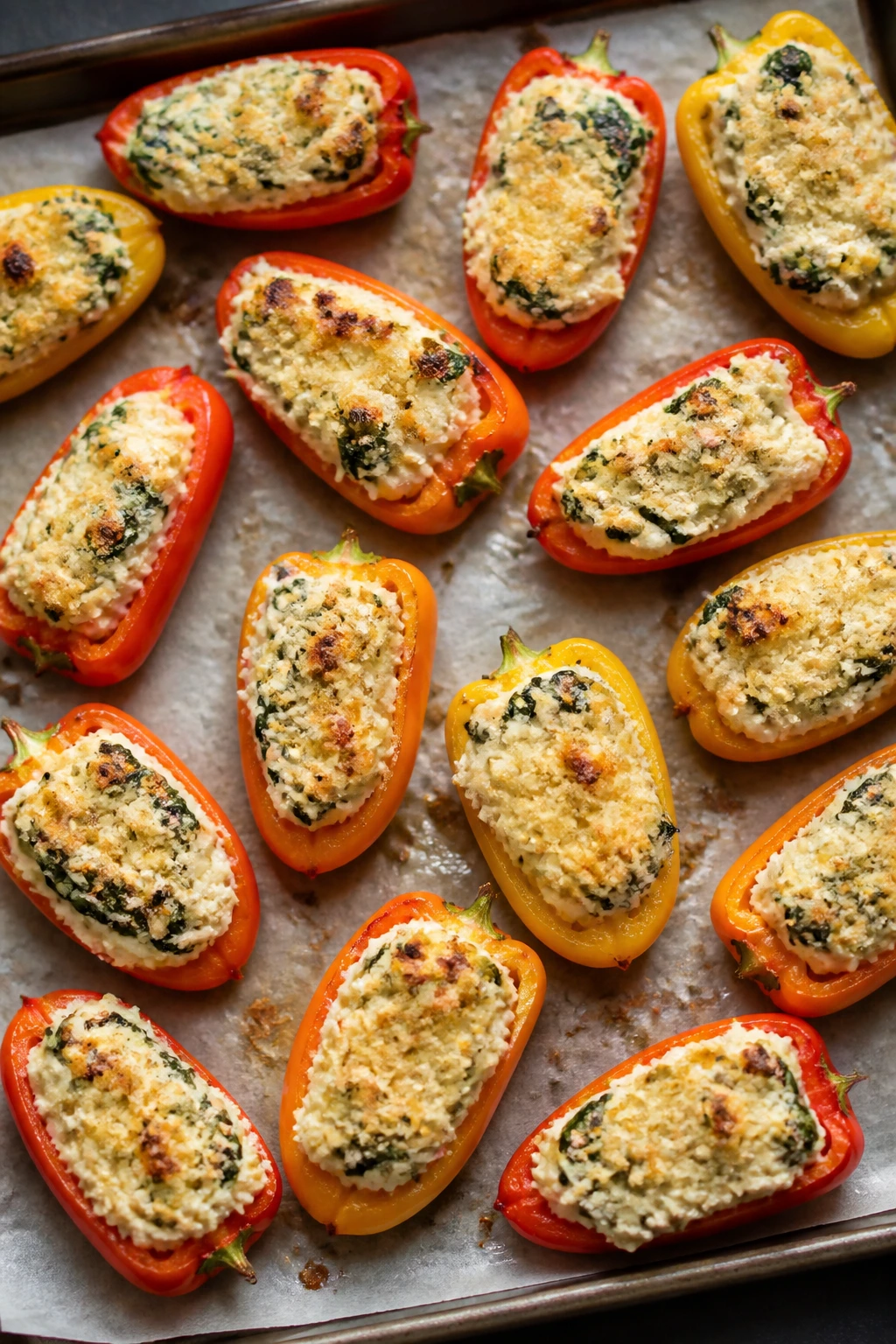 Close-up of stuffed mini bell peppers with ricotta filling on parchment