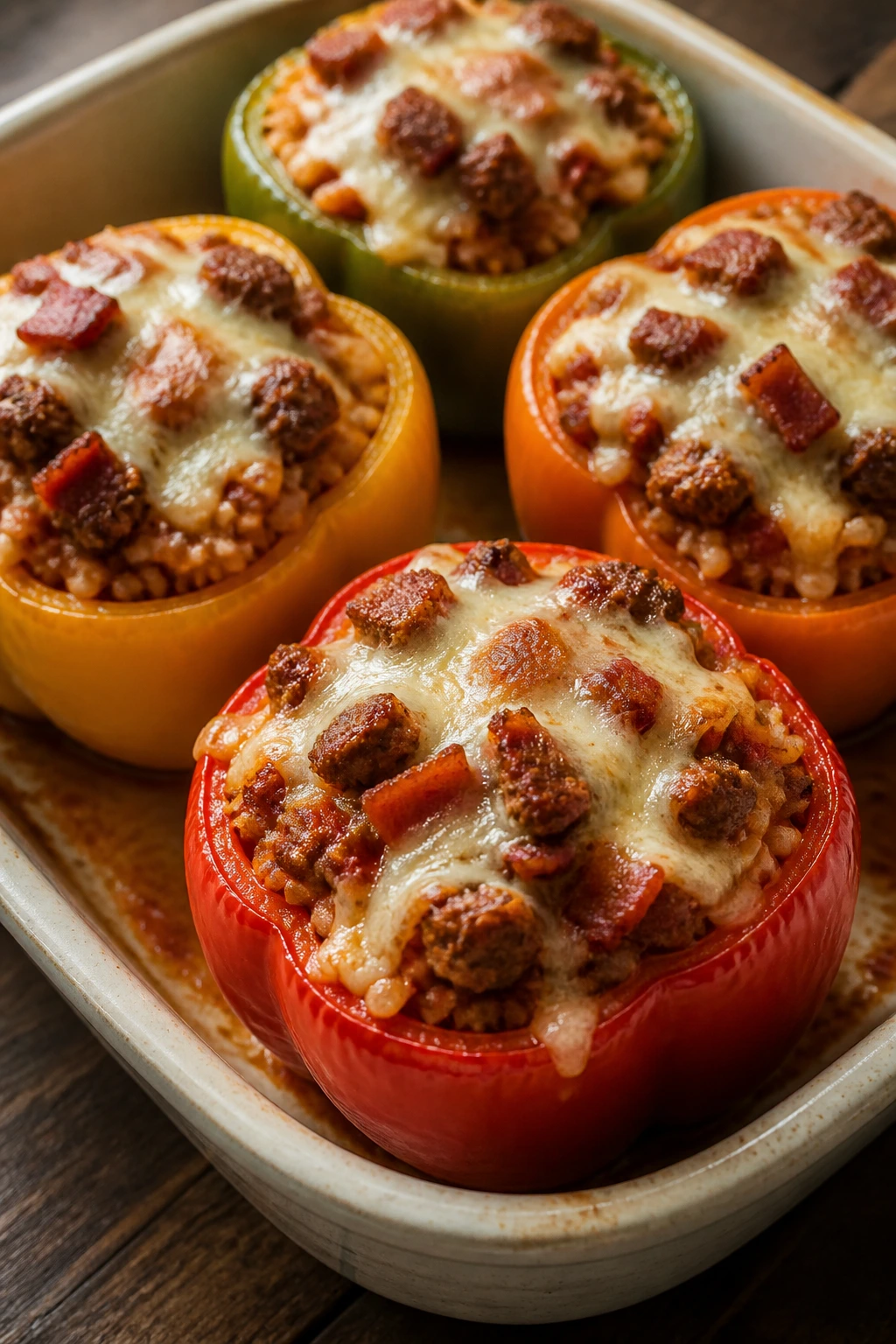 Close-up of stuffed peppers with sausage and bacon filling in a baking dish