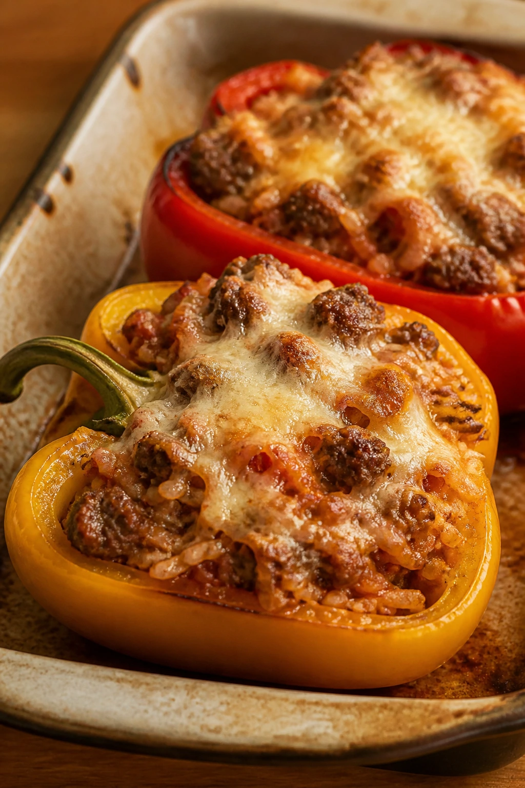 Close-up of sausage stuffed bell peppers filling the frame in a rustic kitchen.