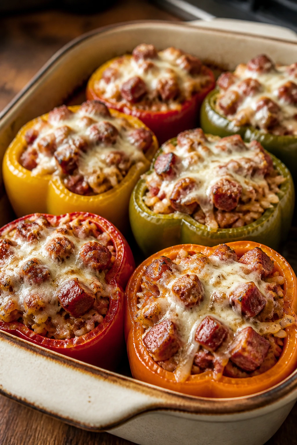 Close-up stuffed peppers with sausage and rice topped with melted mozzarella