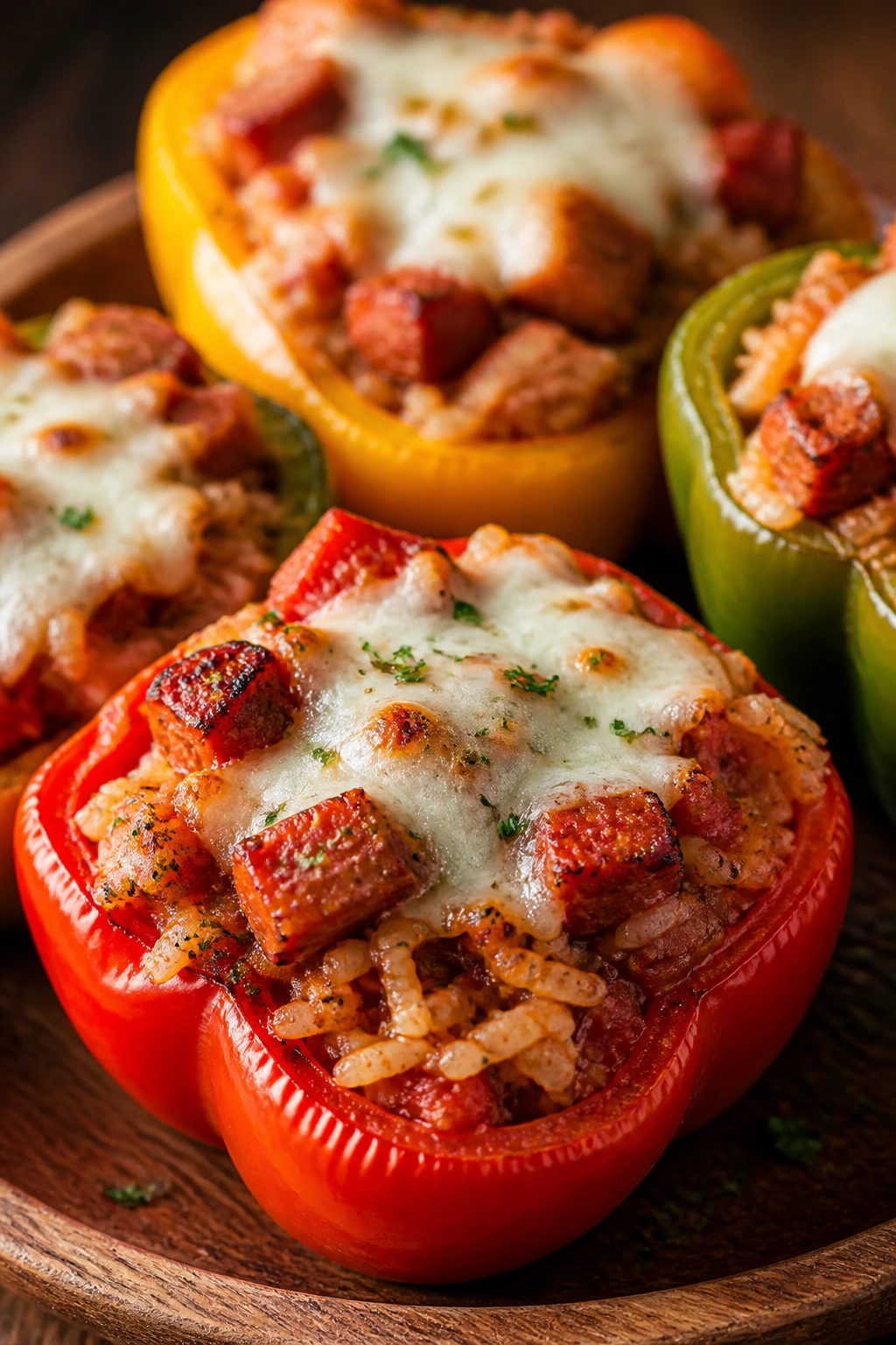 Close-up of stuffed peppers with sausage and mozzarella on a rustic plate
