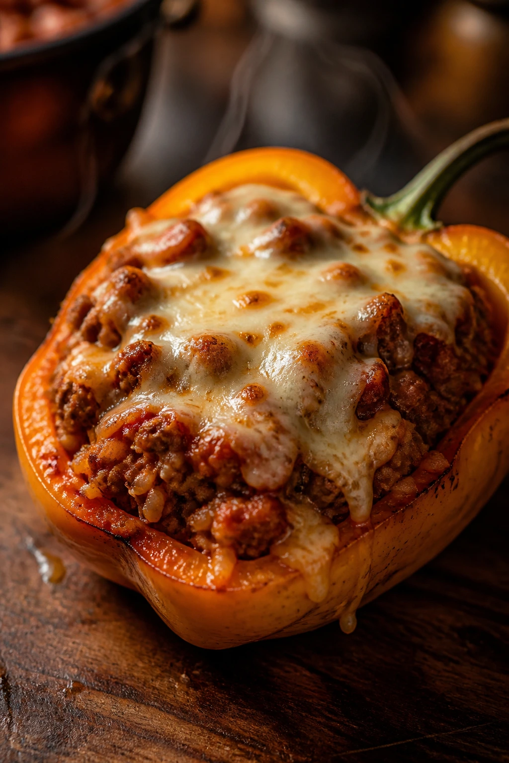 Close-up of a stuffed bell pepper half with sausage, rice, and mozzarella on a wooden board