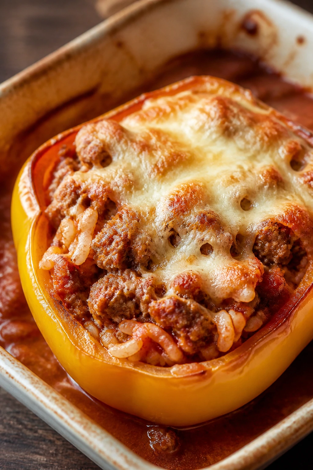 Stuffed bell pepper half with sausage and rice, mozzarella melted on top