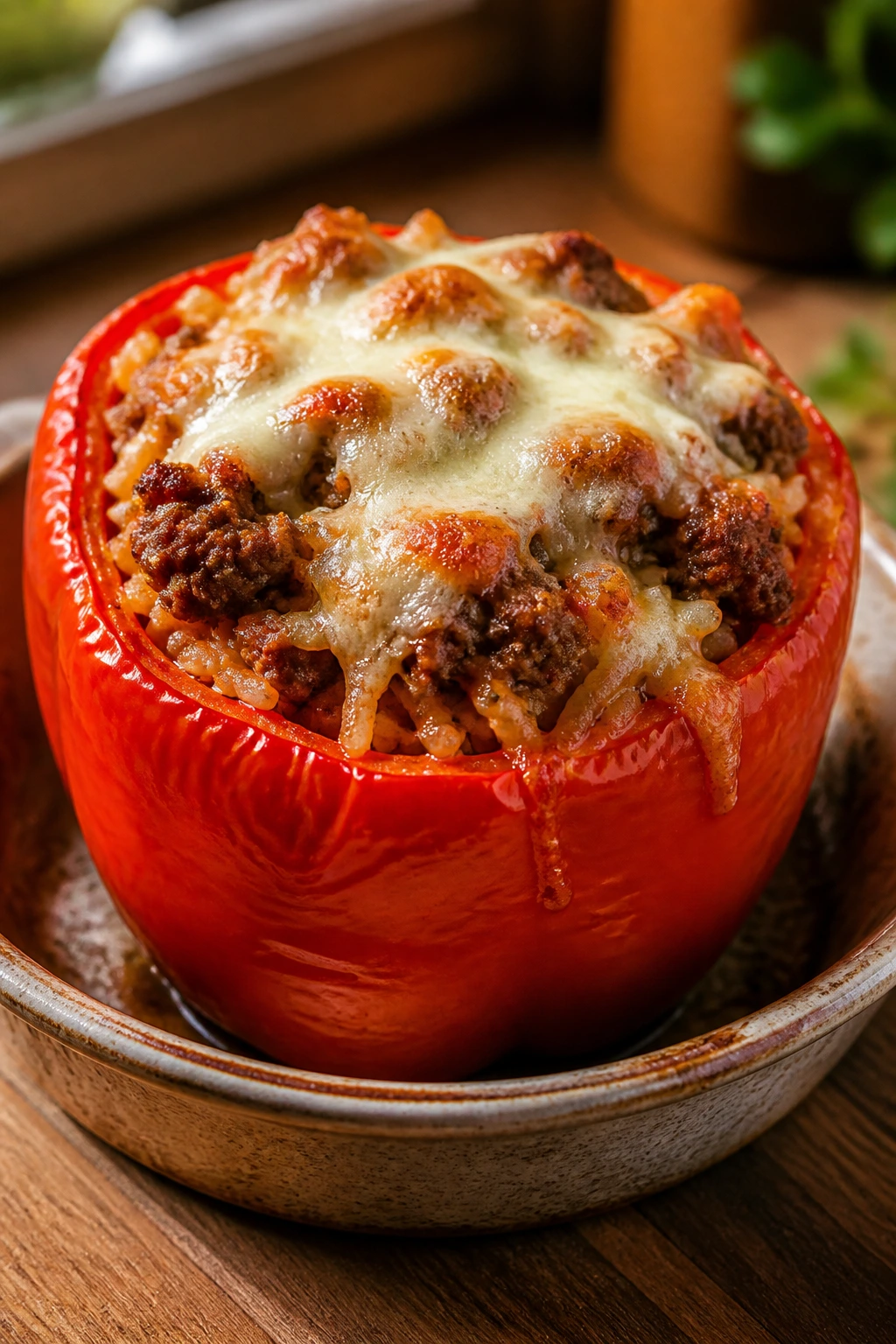 Close-up of a single red stuffed bell pepper filled with mild sausage and rice, melted cheese on top