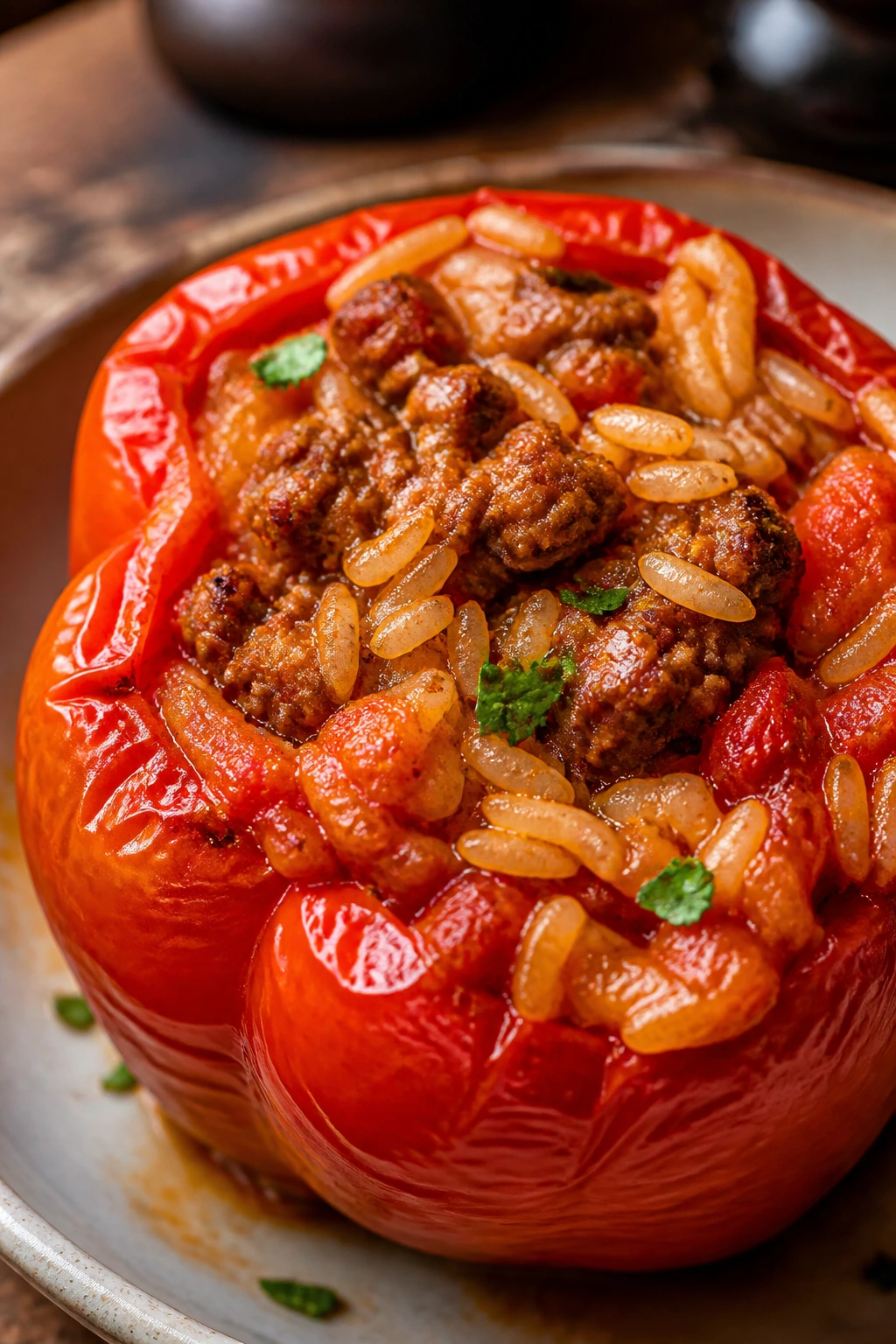 Stuffed bell pepper with sausage and rice filling