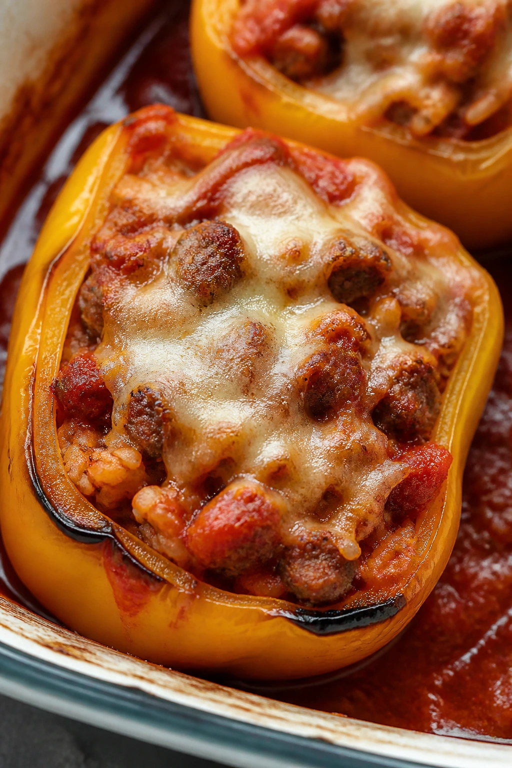 Halved stuffed bell pepper filled with sausage and rice on white plate