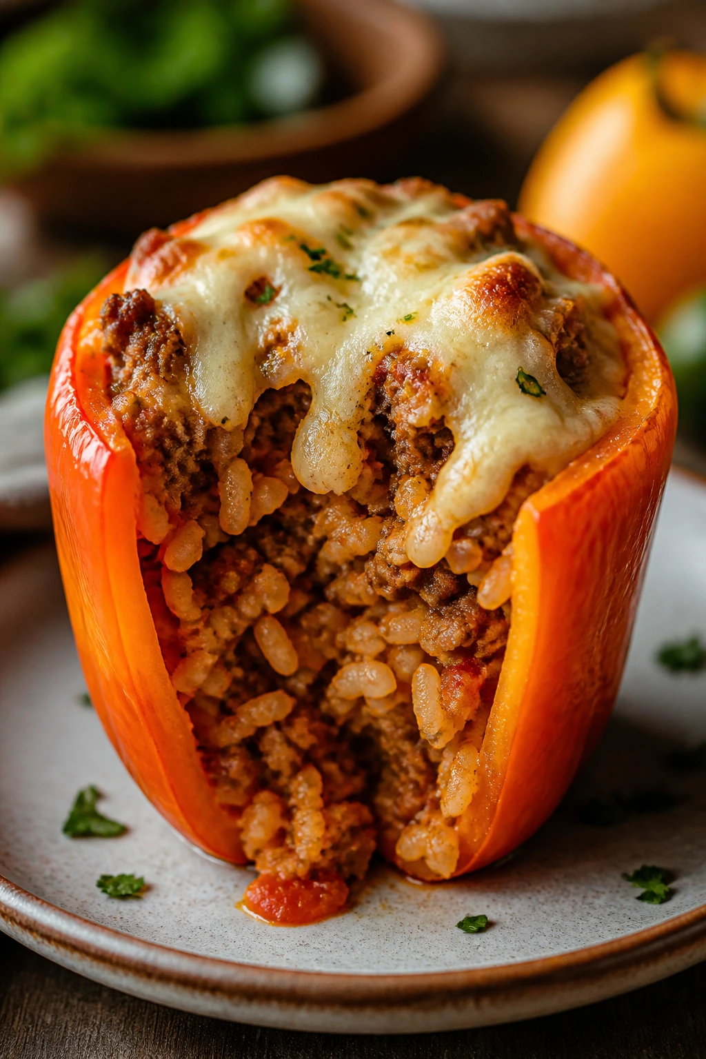 Stuffed bell pepper with sausage and rice on a plate
