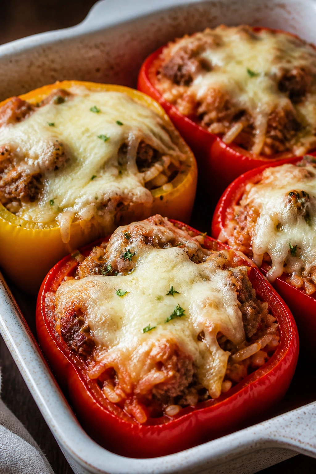 Close-up of stuffed bell peppers with sausage and rice in a baking dish