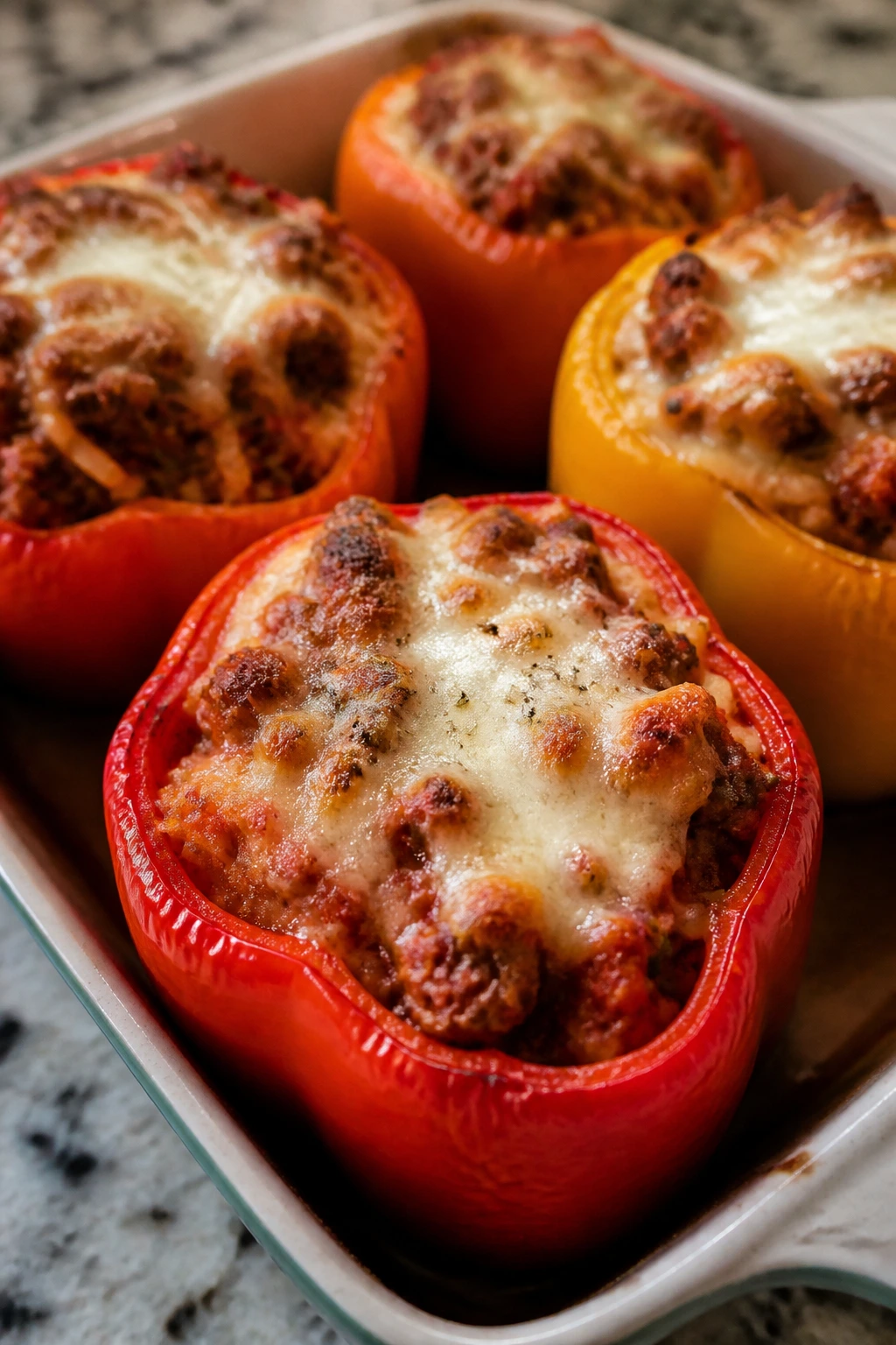 Stuffed bell peppers with sausage and rice in marinara