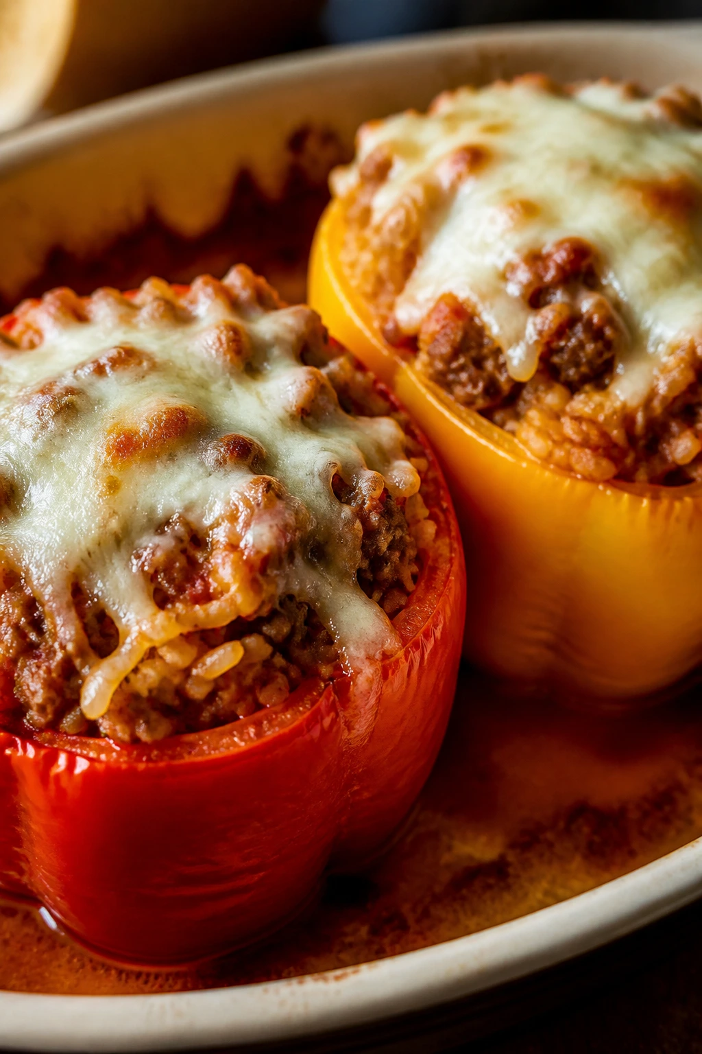 Close-up of stuffed bell peppers with sausage and rice