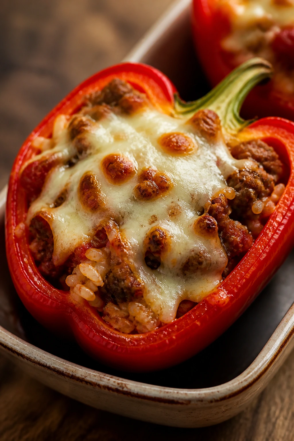 Close-up of stuffed bell pepper half with sausage and rice in tomato sauce