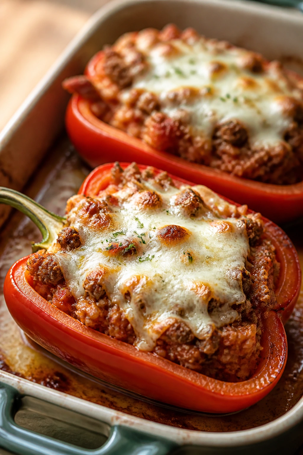 Two red peppers stuffed with sausage, rice, and cheese on a baking dish