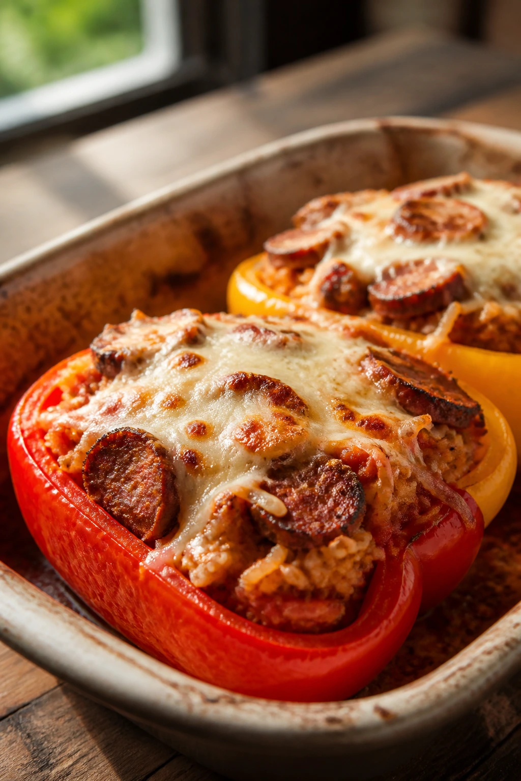 Close-up of stuffed peppers with sausage and cheese.