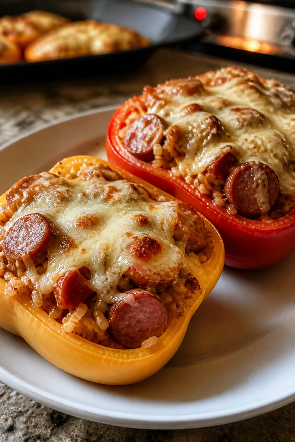 Close-up of stuffed bell peppers with sausage and rice topped with melted mozzarella