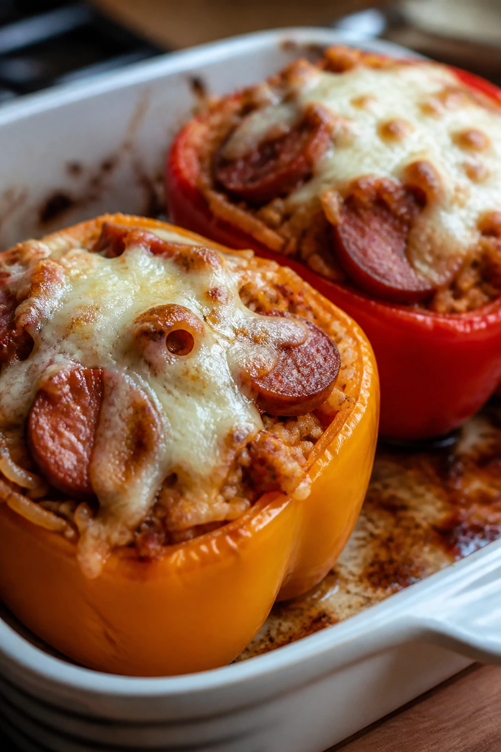 Two stuffed peppers with sausage and rice, melted mozzarella
