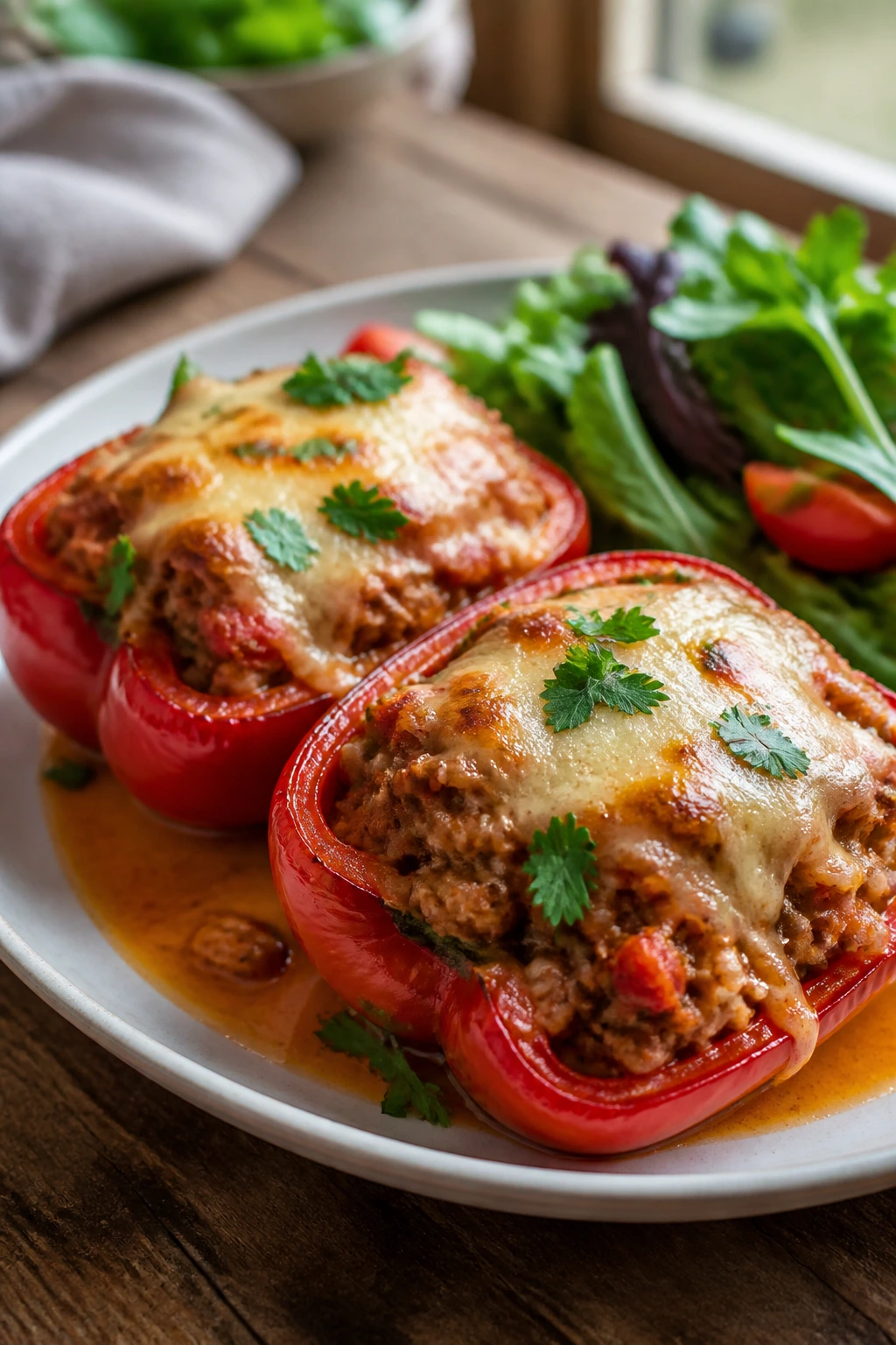 Close-up of stuffed pepper halves with cheese and tomato sauce on plate