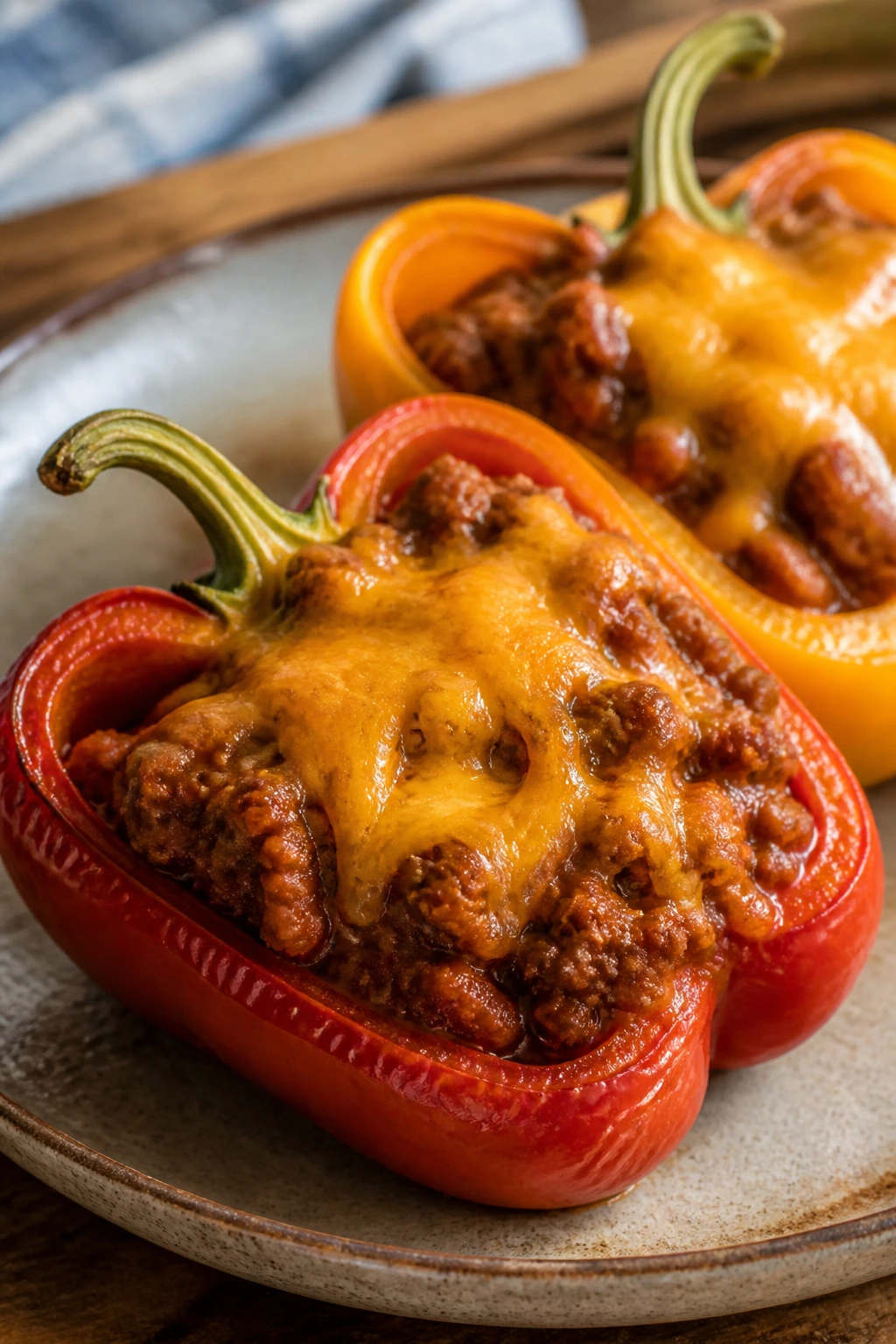Close-up of stuffed bell peppers with sloppy joe and cheddar