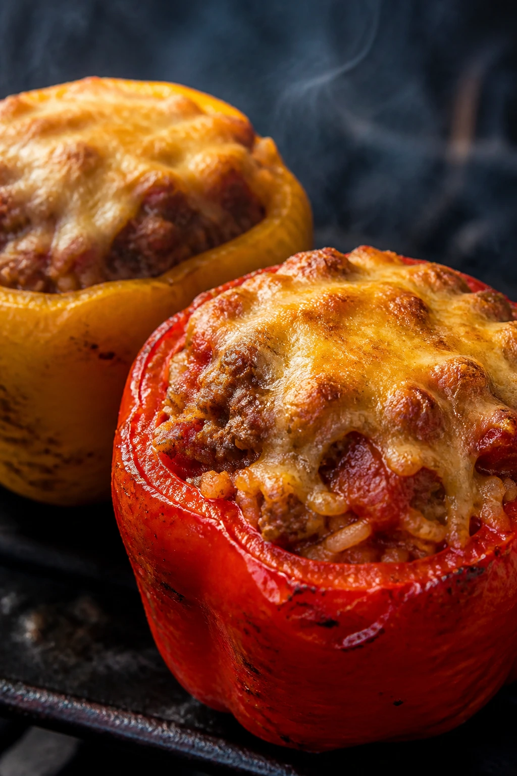 Close-up of two stuffed bell peppers with beef filling, smoked and upright.