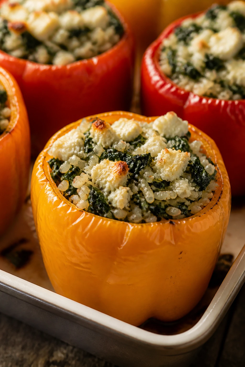 Close-up of spinach and feta stuffed pepper in a baking dish