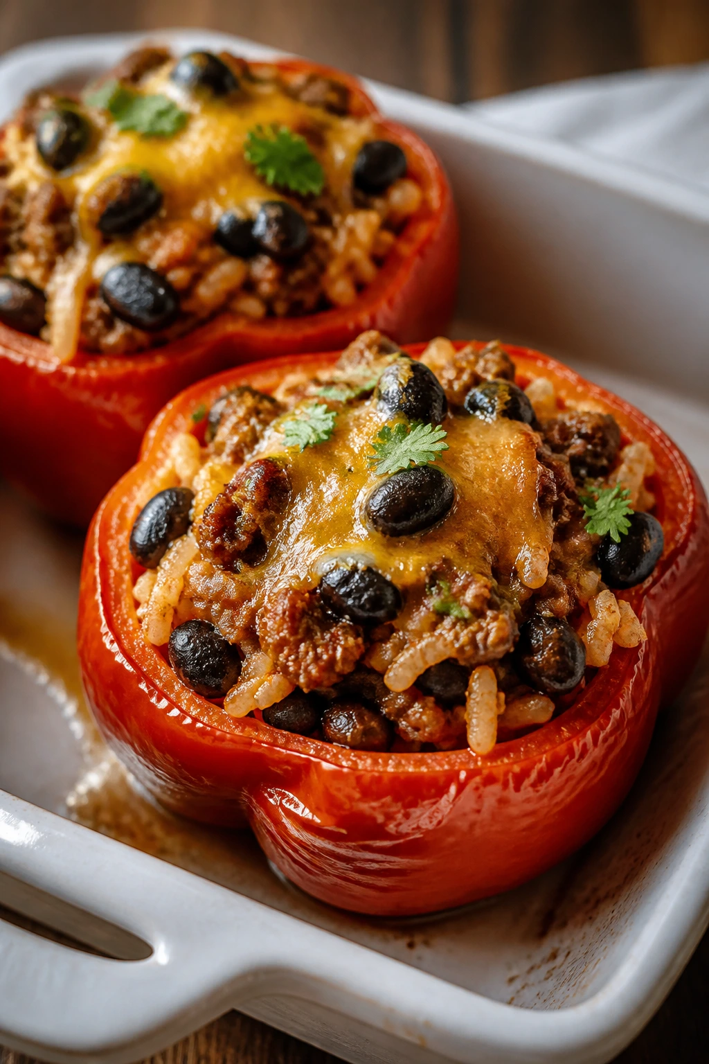 Close-up of taco stuffed peppers filled with beef rice beans and cheese
