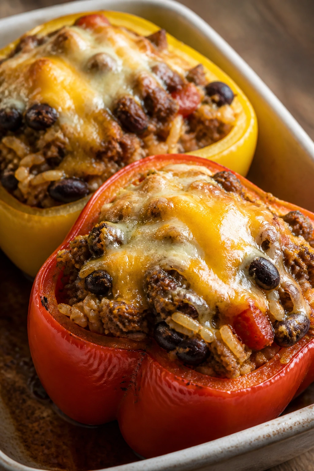 Stuffed peppers with rice and beans on a baking dish