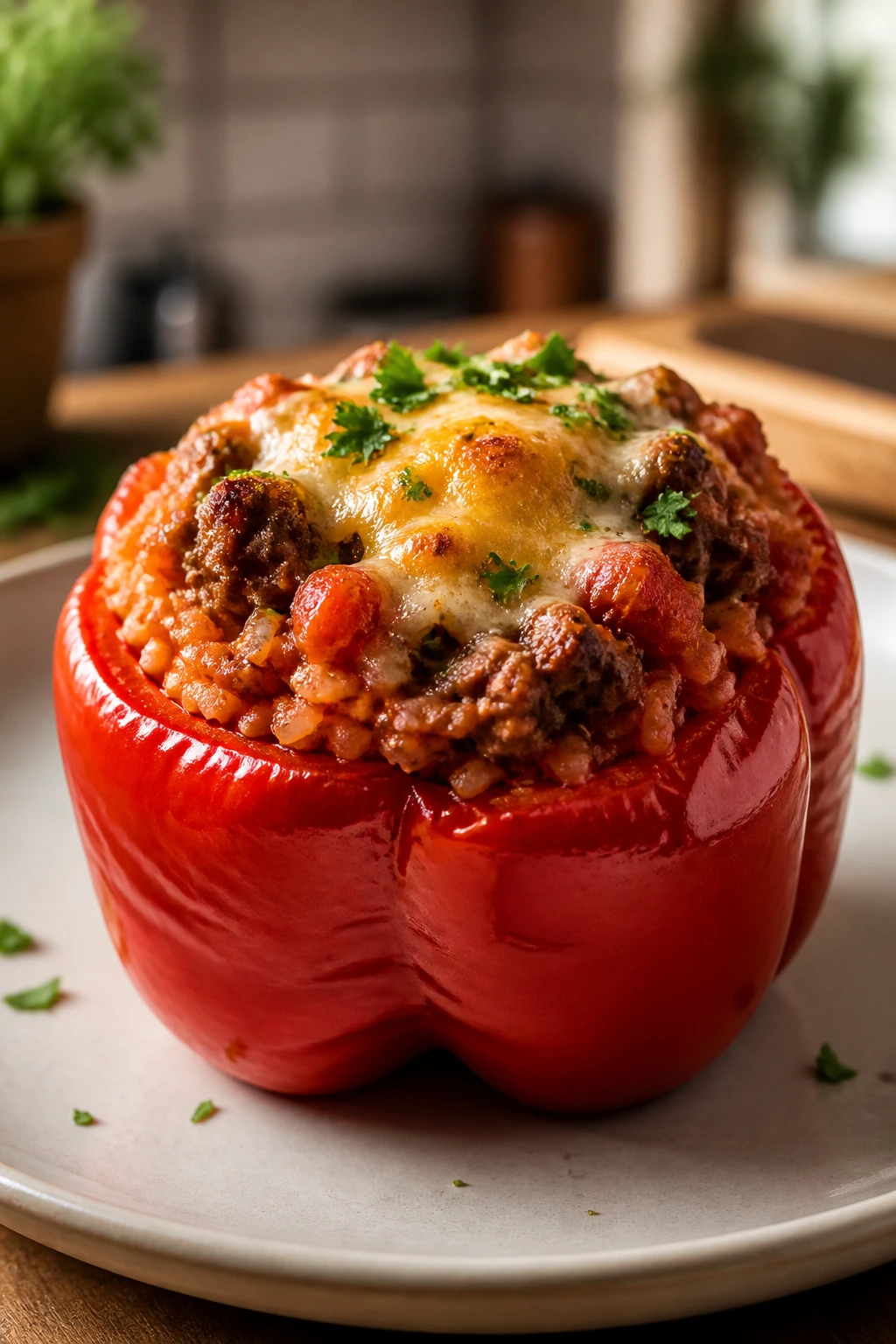 Bright stuffed bell pepper with tomato rice filling on plate.