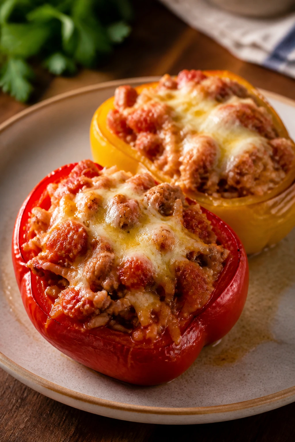Stuffed bell peppers with turkey and rice on a plate