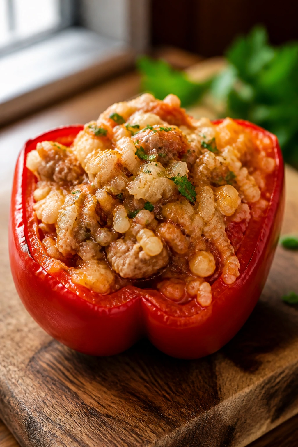 Close-up of stuffed red bell pepper half with lean turkey and cauliflower rice
