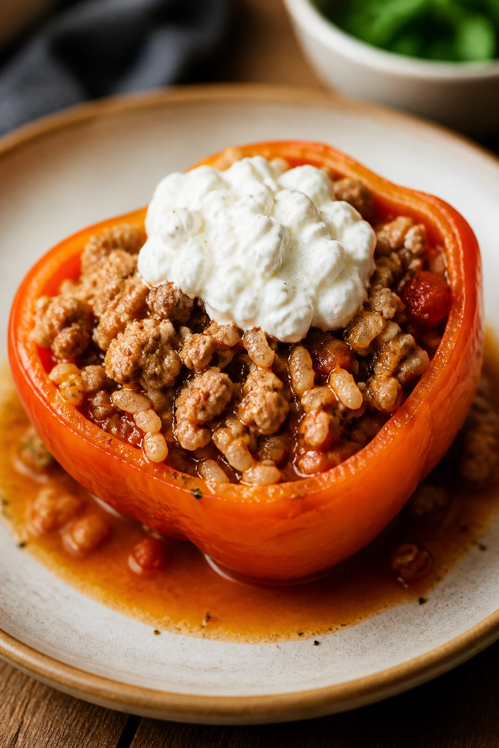 Halved stuffed pepper filled with turkey and cottage cheese