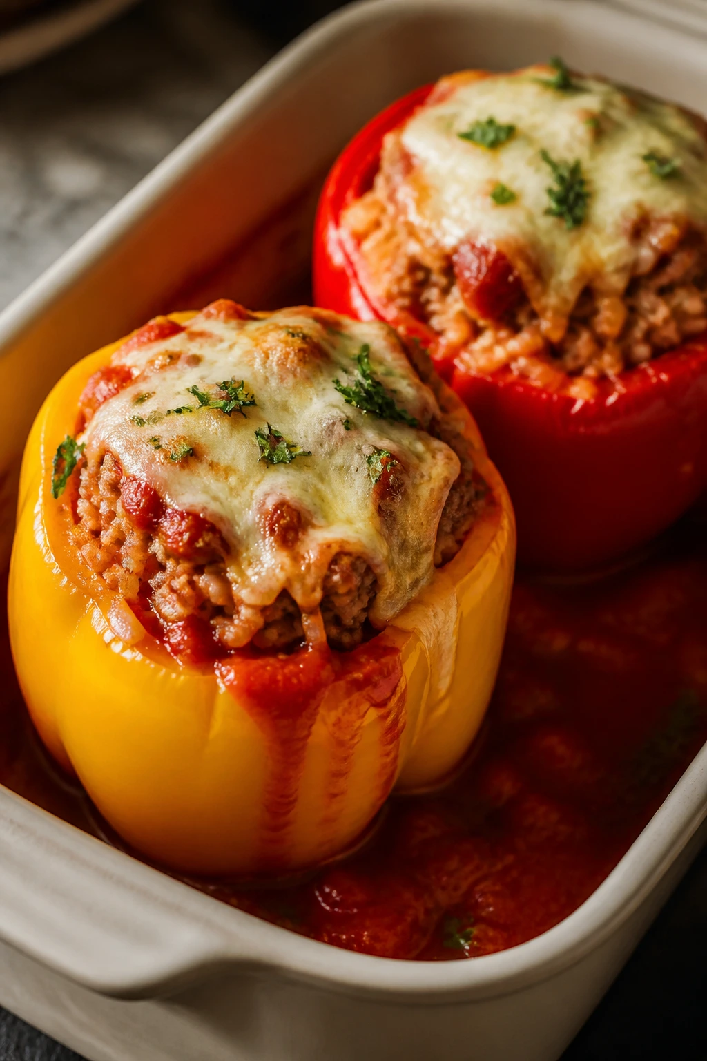 Close-up of stuffed bell peppers with turkey and rice in a baking dish