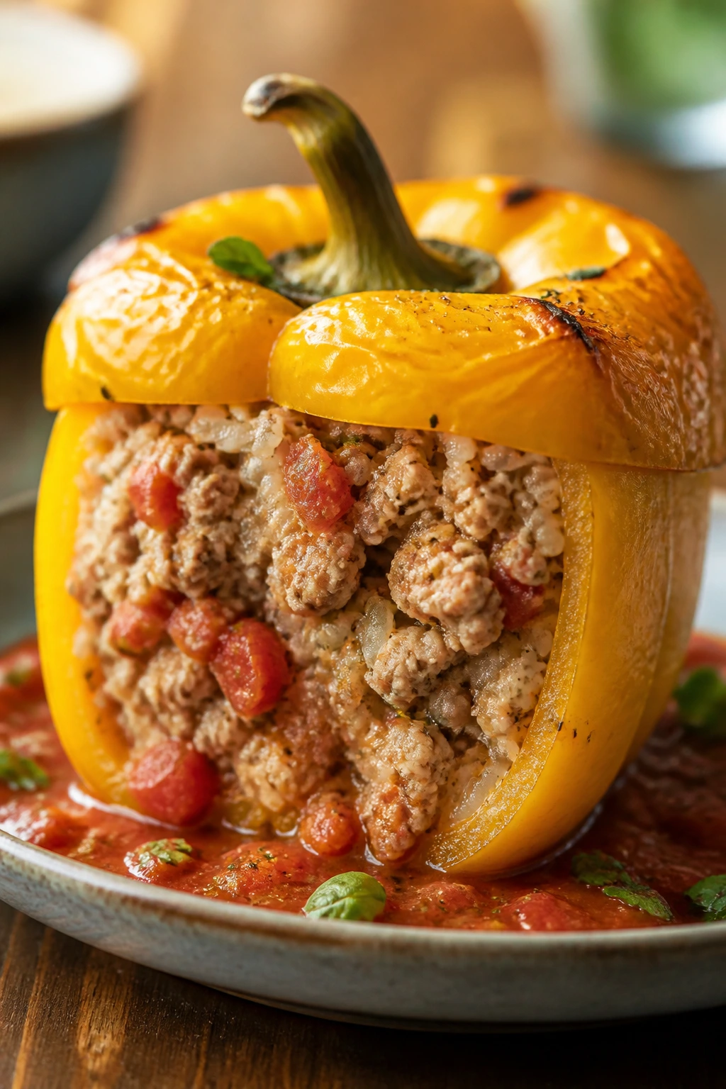 Close-up of stuffed bell pepper with turkey and rice filling