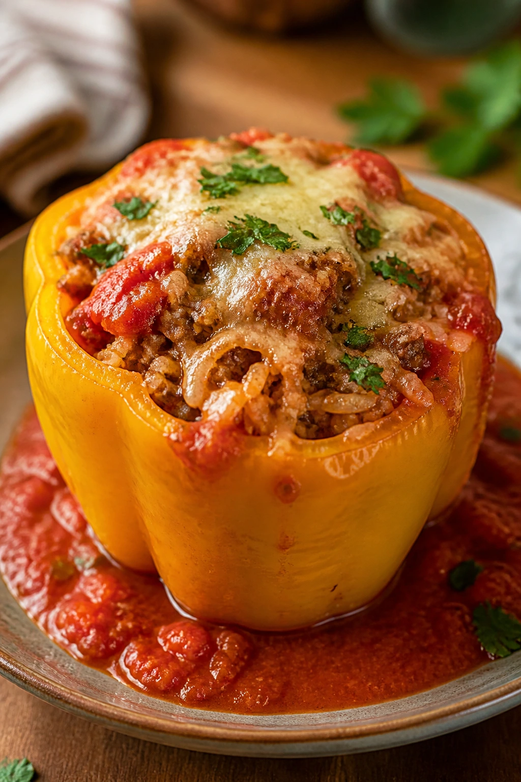 Close-up of a stuffed bell pepper filled with turkey and rice