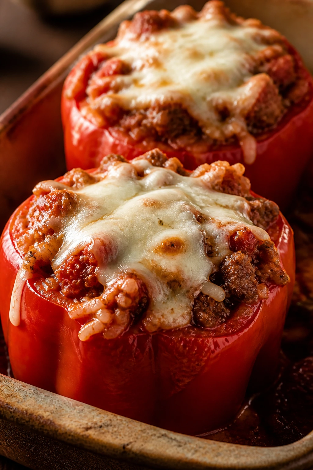 Two red stuffed peppers with cheesy filling in a rustic dish