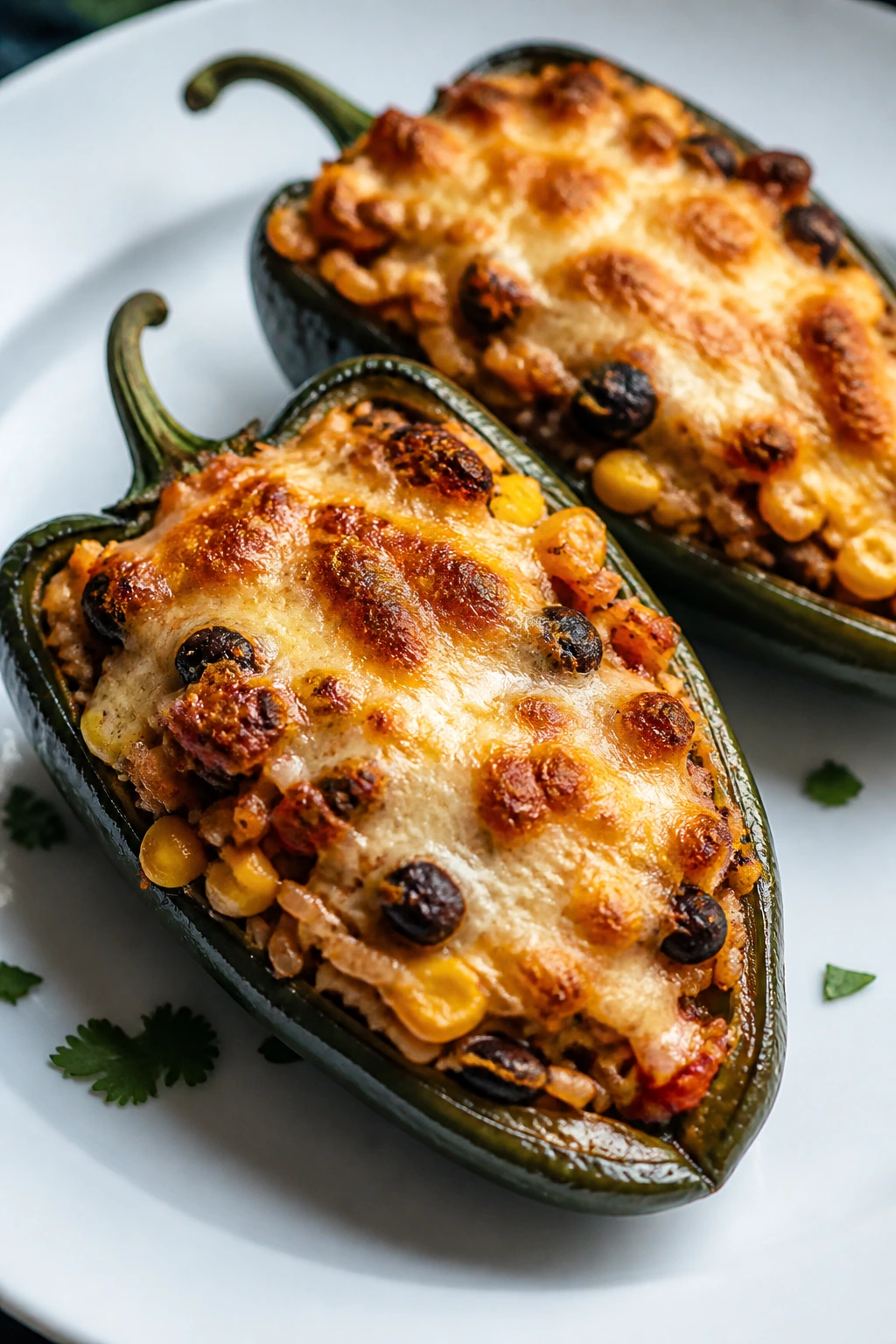 Close-up of stuffed poblano peppers with melted cheese on a plate