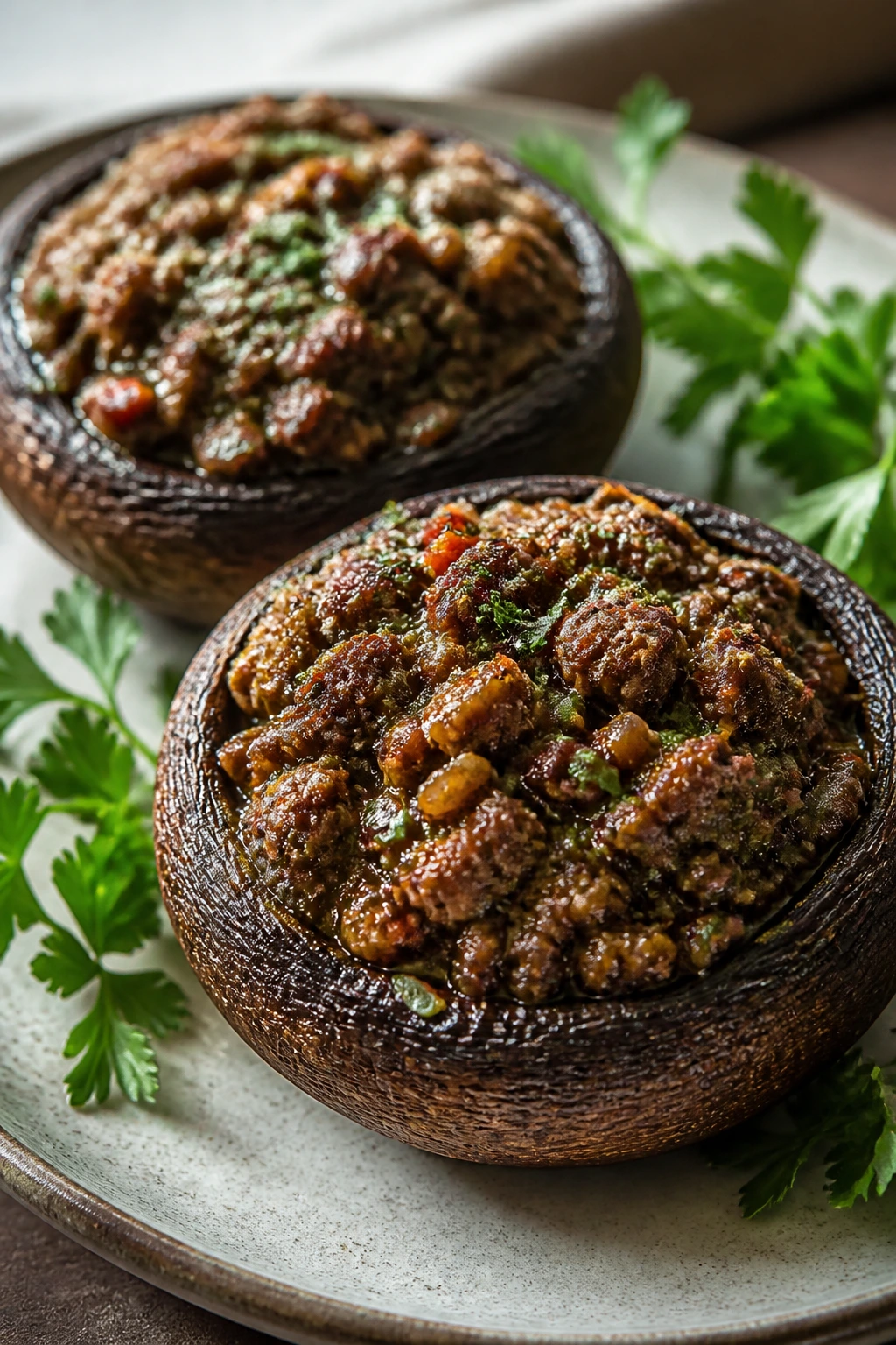 Two stuffed portobello mushrooms with beef and herbs on a plate
