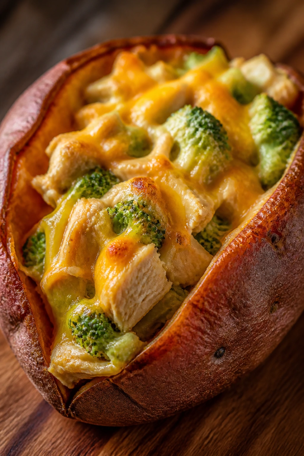 Close-up of a stuffed sweet potato with broccoli, chicken, and cheddar filling in a cozy kitchen.