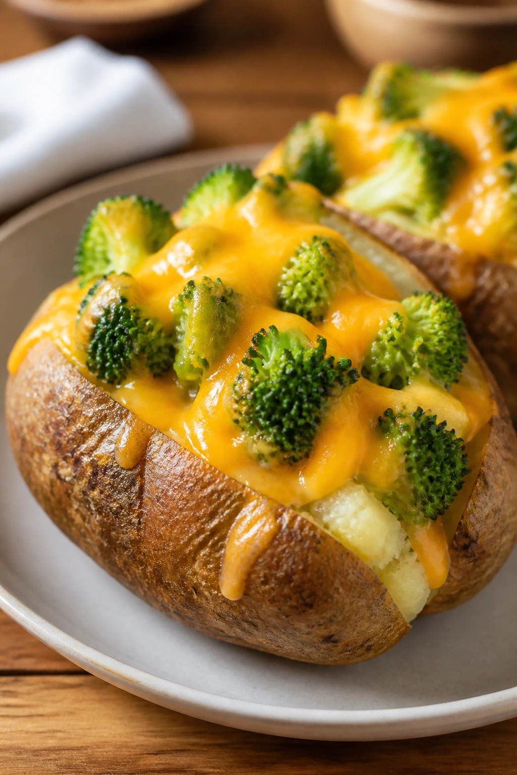 Halved russet potato stuffed with broccoli and cheddar cheese on a plate