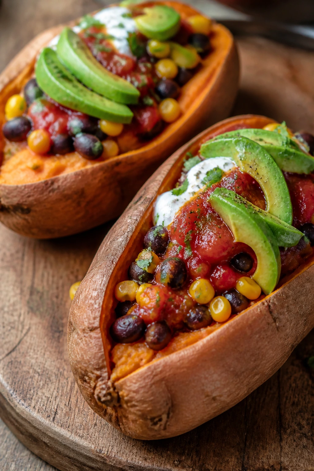 Stuffed sweet potatoes with black beans on a rustic board