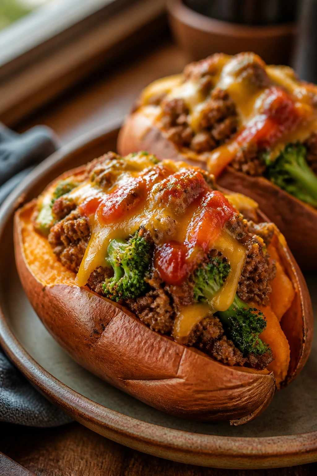 Stuffed sweet potatoes with beef and broccoli filling and cheese topping