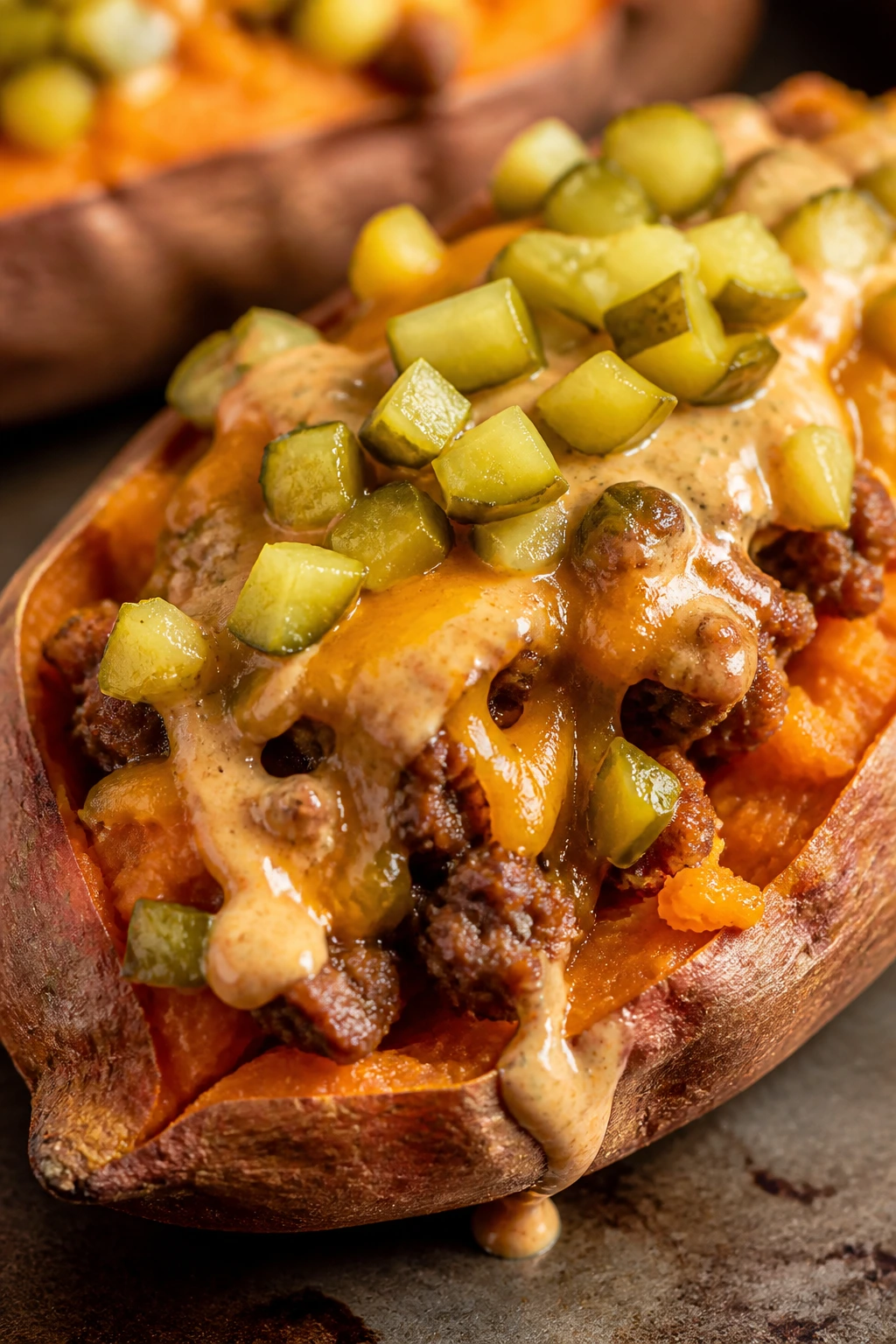 Stuffed sweet potato with beef cheese and pickles