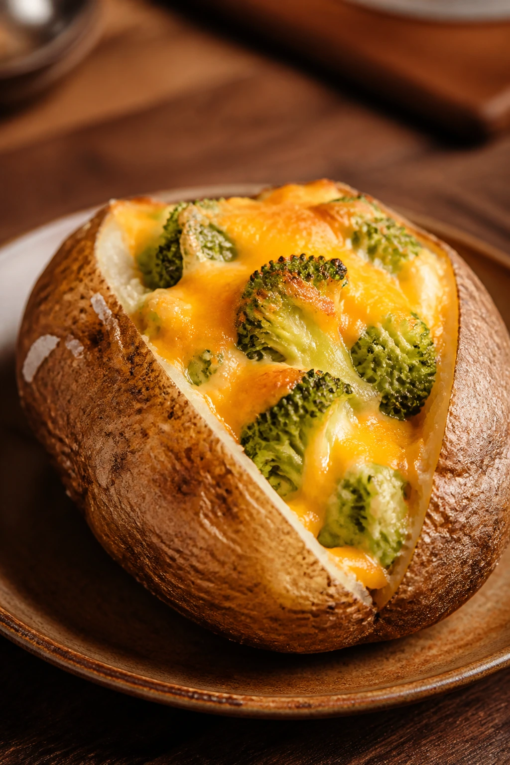 Close-up of broccoli cheddar stuffed baked potato showing filling