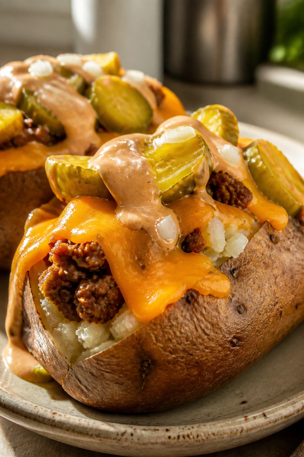Split baked potato stuffed with beef, cheese, and pickles.