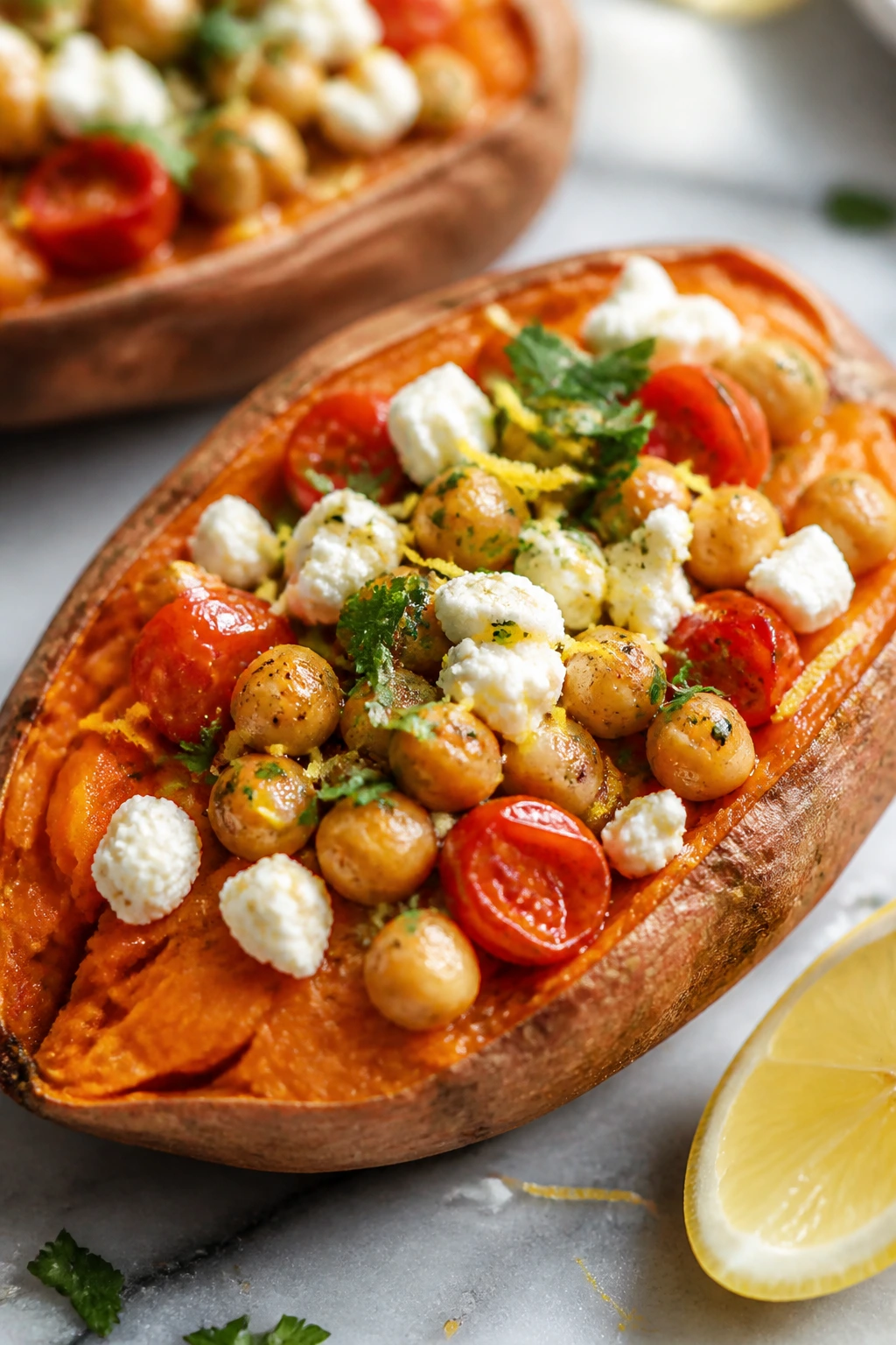 Stuffed sweet potato with chickpeas feta and lemon