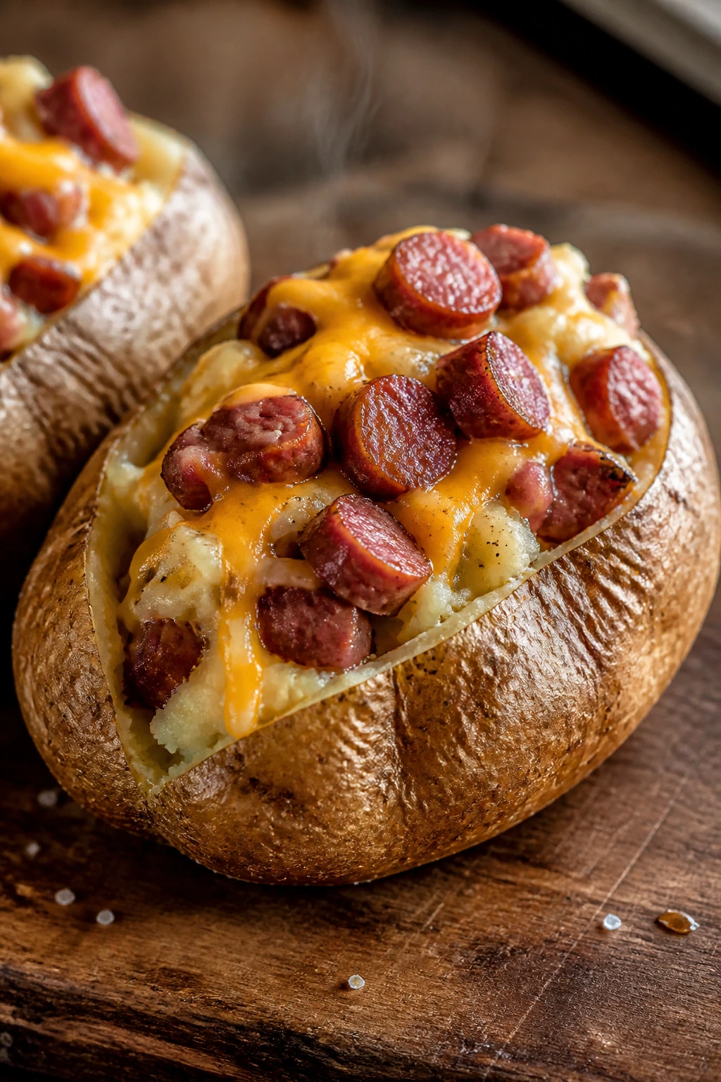 Close-up of a stuffed baked potato with smoked sausage and cheddar on a wooden board