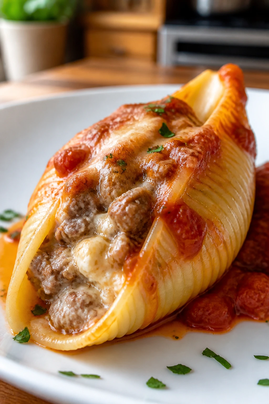 Jumbo stuffed shell with beef and cottage cheese on plate